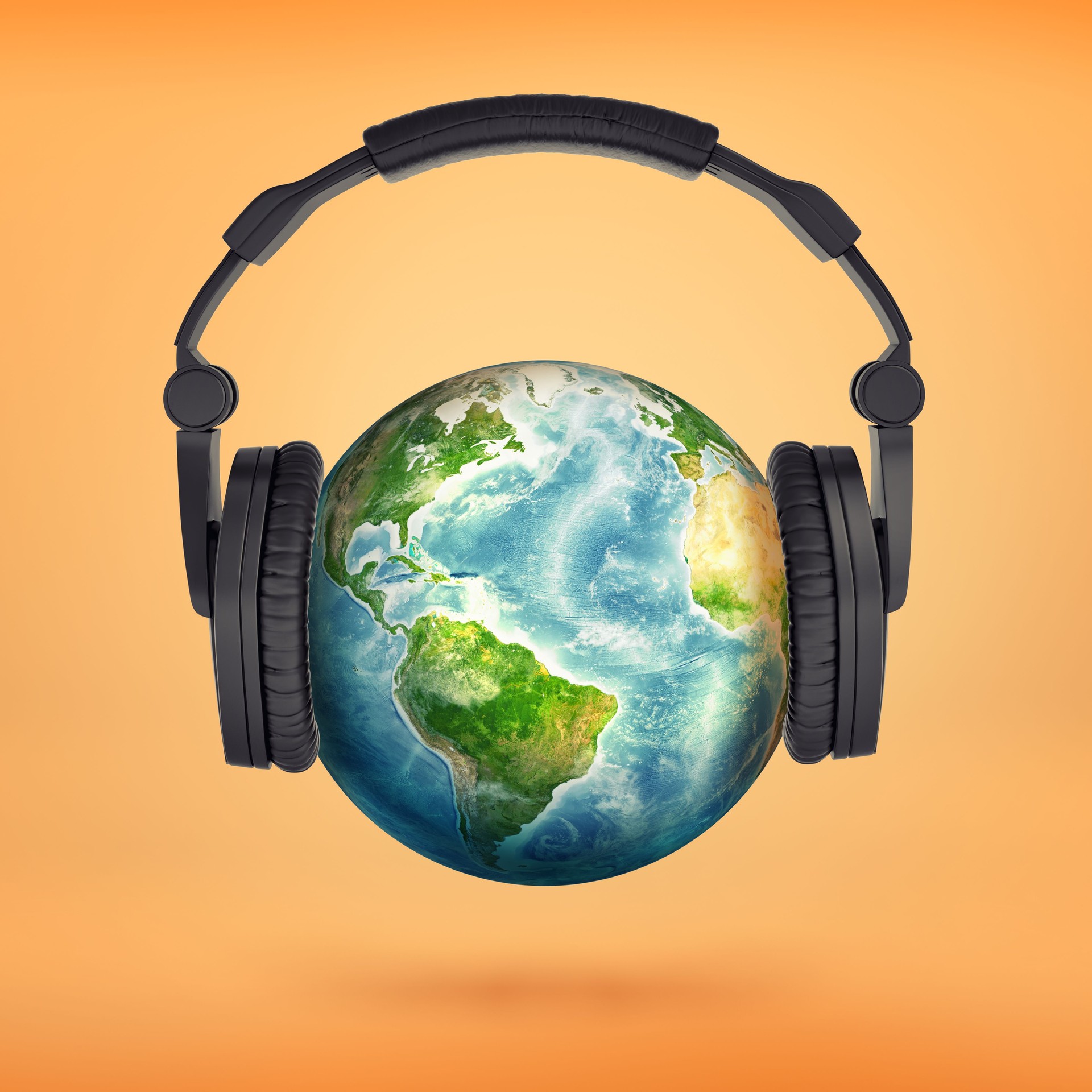 3d rendering of large black headphones placed on an Earth globe pretending it's a head.